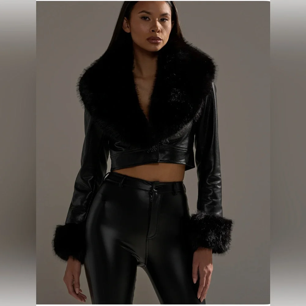 AKIRA Black Leather Jacket with Faux Fur Trim - Picture 2 of 4